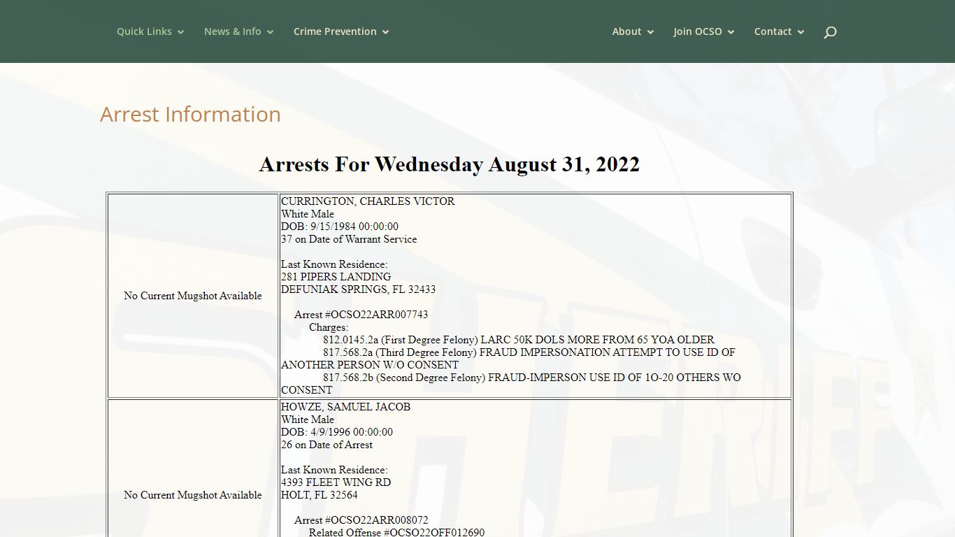 Arrest Information | Okaloosa County Sheriff's Office